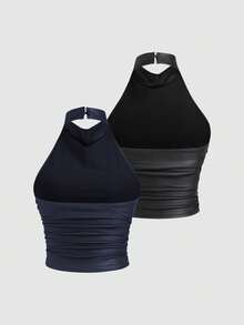 Sweetra Women's Fashionable Sexy Halter PU Leather Party Crop Top 2 Pieces Set - Multicolor - View 2