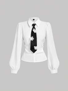 SHEIN MOD Áo sơ mi nữ màu trắng cài cúc phía trước, áo sơ mi đi học, trang phục mùa xuân, trang phục công sở, áo khoác ngoài, phong cách Frank Oshinsky, áo kiểu sinh viên, tiệc độc thân, lễ hội âm nhạc, đồng phục công sở, buổi hòa nhạc - trắng - Xem 2