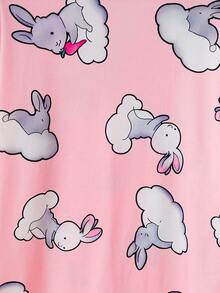 Girls Casual Comfortable Soft Pink Cloud Rabbit Pattern Pajama Set, Collared Short Sleeve Top And Long Pants 2 Pieces Loungewear - Pink - View 10
