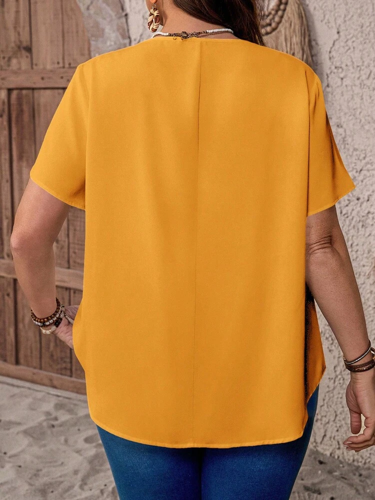 Plus Size V-Neck Ruched Summer Short Sleeve Casual Solidy Top,Country Casual Vacation,Simple And Fashionable For Everyday Wear