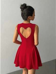 Aloruh 浪漫约会之夜情人节红色大翻领露背无袖修身荷叶边迷你连衣裙（女款）