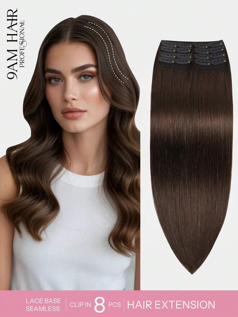 8PCS With 16 Clips Straight Clip In Hair Extensions 100% Real Human Hair Color 2# Dark Brown 12-18 Inch Double Weft Invisible Clip Hair Extensions Remy Natural Human Hair For Women Girl Daily Full Head Use - 2# - View 1