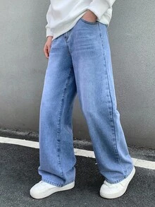 SHEIN Thời trang nam tuổi teen: Phong cách thường ngày, cổ điển, cá tính, đường phố, thoải mái và đơn giản. Quần jeans xanh dáng rộng, thoải mái, phù hợp mặc hàng ngày, mùa xuân hè, dự tiệc và đường phố. - Màu xanh lam - Xem 5