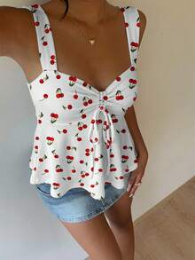 MainGRL Women's Casual Vacation Blouse, Babydoll Top With Chest Ruching, Women's Summer , Women's Vacation Wear, Allover Cherry Print Spring Beach - Multicolor - View 4