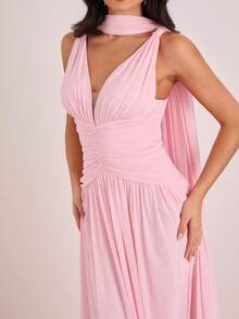 Enchnt Spring/Summer Romantic Women's Pink Pleated Sleeveless Maxi Dress With Neck Ribbon, Sweet&Elegant For Party&Prom&Vacation&Date&Holiday&Going Out&Valentine's Day,Spring Outfit Women - Baby Pink - View 6