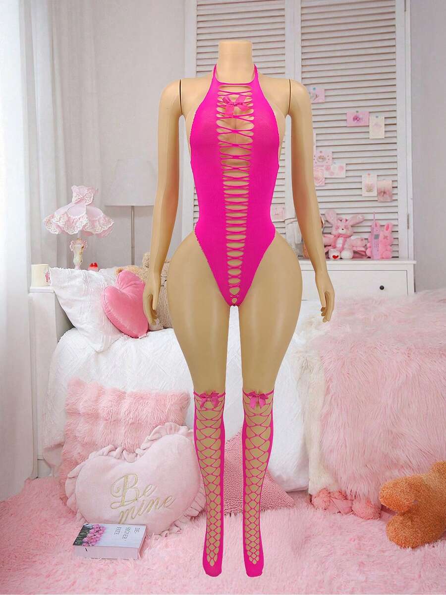 SHEIN 3件套女士性感内衣套装 - 连体裤配丝袜，蝴蝶结装饰，镂空设计，诱人粉色 - 玫紅色 - 查看 1