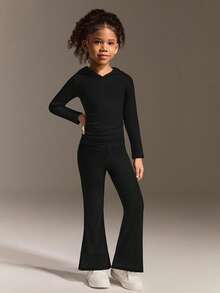 SHEIN Young Girls Black Ribbed Knit Set, Soft Pure Cotton High Stretch Rib Fabric Hoodie Outfit - Black - View 2