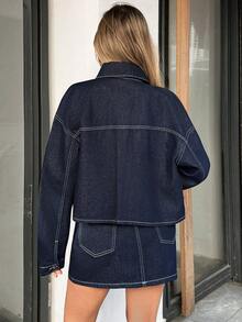 SHEIN Women's Plain Denim Two Pieces Set Medium Wash Long Sleeve Drop Shoulder Jacket With Collar And Matching Regular Length Skirt - Black - View 2