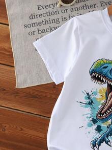 一套男童休闲卡通恐龙印花短袖圆领T恤和短裤套装，适合春夏外出穿着 - 彩色 - 查看 4