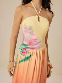 Felipe Marques Women's Floral Print Off-Shoulder Sleeveless Maxi Dress, Casual For Vacation, Party, Autumn/Winter - Apricot - View 5