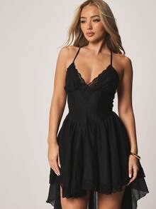 MISSGUIDED Lace Trim High Low Ruffle Hem Maxi Dress Sleeveless V-Neck Empire Waist Flowing Chiffon Evening Formal Cocktail Asymmetrical - Black - View 5