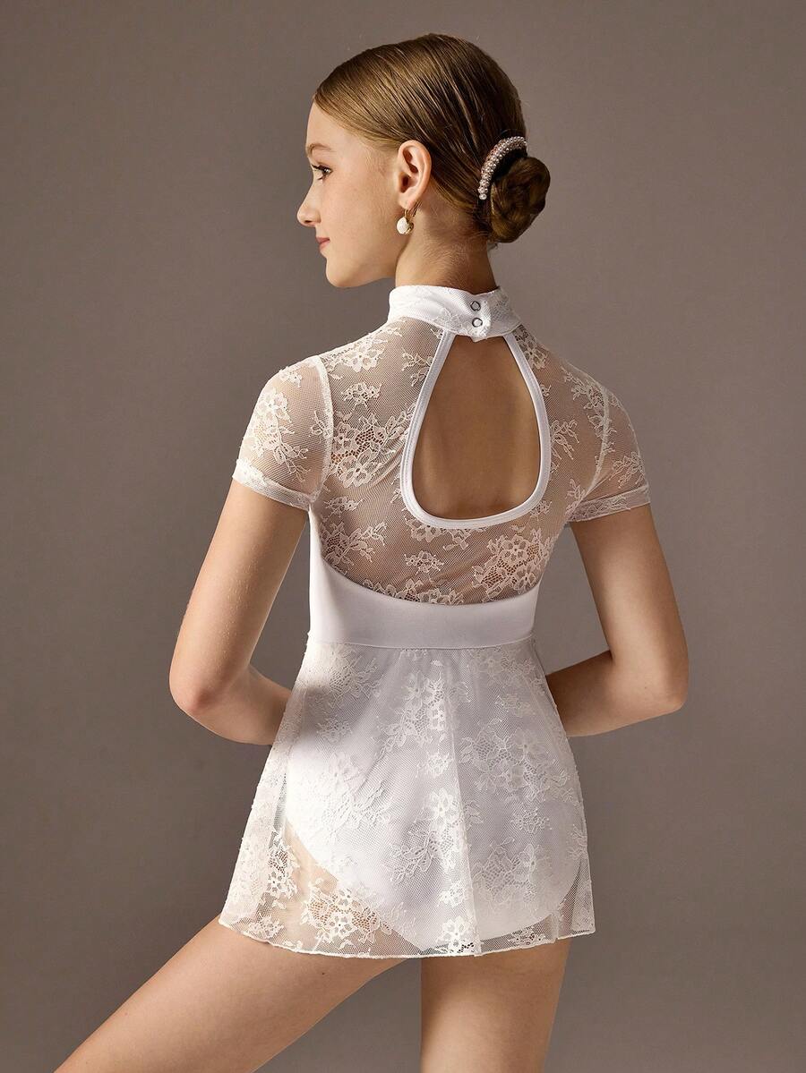 少女运动紧身衣，适合芭蕾舞、返校、校园锻炼、训练、比赛和休闲穿着。时尚弹力网眼长袖设计，舒适有弹性，是理想的舞蹈运动服。 - 白色 - 查看 1