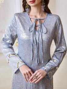 Al Najma 女士优雅阿拉伯风格长袖系领连衣裙 - 淺藍色 - 查看 2