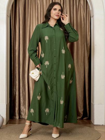 Veilorie Plus Size Front Button Casual Loose Long Sleeve Dress