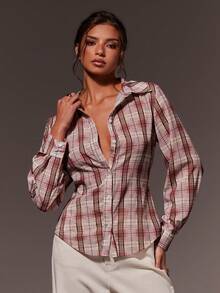 Athîral 女士休闲前扣腰格子衬衫，秋季款 - 粉色 - 查看 4