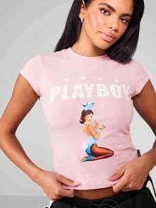 Missguided x Playboy Áo thun rộng thùng thình in hình cô gái gợi cảm, tay ngắn, thích hợp cho phong cách đường phố thường ngày. - Màu Hồng baby - Xem 5