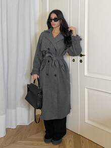 Ronhire Women's Notched Collar Double Breasted Overcoat - Grey - View 1