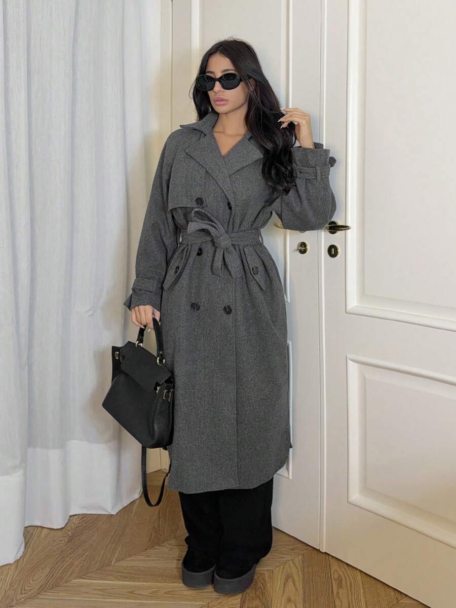Ronhire Women's Notched Collar Double Breasted Overcoat - Grey - View 1