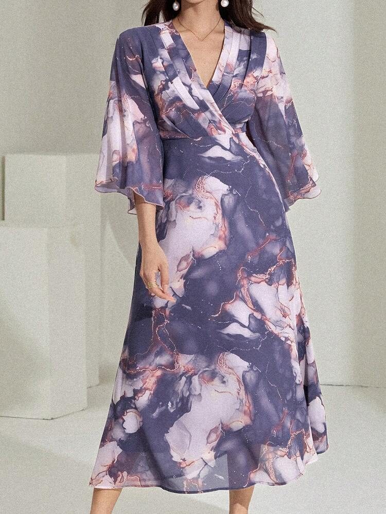 Women's Tie-Dye Print V-Neck Wrap Midi Dress Sundress