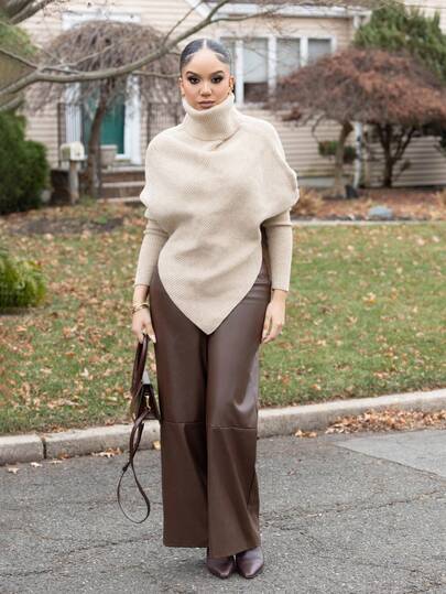 Melissa Matos Fall Women Clothes, Women's New Off Shoulder Wrap Long Sweater, Milky White, Autumn/Winter,Turtleneck Sweater Women.,