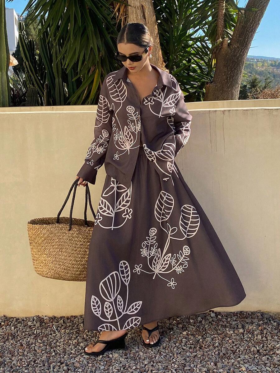 DAZY Women's Casual Floral Print Shirt And Skirt 2-Piece Set, Spring/Summer Vacation - Brown - View 1