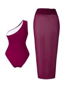 Swim Oasis 2026新款春夏女士纯色单肩连体泳衣，搭配网纱长裙，沙滩度假休闲泳装套装 - 中紫紅色 - 查看 2