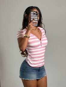 EgrlEra Women's Pink And White Striped V-Neck Short Sleeve Casual Versatile T-Shirt,Pink Top, Y2k Women,Spring Break Outfits - Pink - View 6