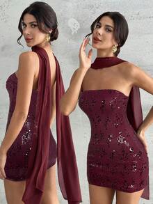 Firerie Đầm mini cúp ngực buộc dây eo bằng vải sequin bóng bẩy, thanh lịch dành cho nữ, thích hợp cho các buổi tiệc tùng, lễ hội, thời trang thu đông, dự tiệc cưới, trang phục gợi cảm đi club. - Màu Đỏ Sâu - Xem 1
