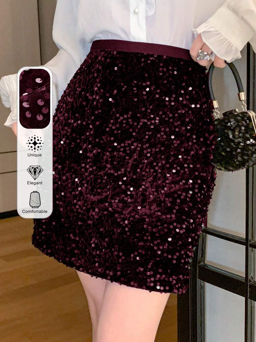 DAZY Jupe de fête à taille haute et pailletée de couleur unie, glamour pour le carnaval - Rouge foncé - Voir 1