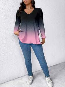 EMERY ROSE Ombre Color Block Plus Size V-Neck Long Sleeve T-Shirt Fall - Multicolor - View 3