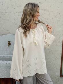 Vivie Lora Women's Vacation Tie Collar Raglan Lantern Sleeve Loose Blouse Long Sleeve - White - View 6