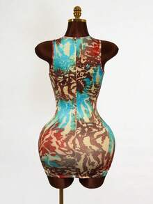 Mistrie Sexy Tie-Dye Cutout Lace-Up Sleeveless Mini Dress For Women Party Clubwear - Multicolor - View 2