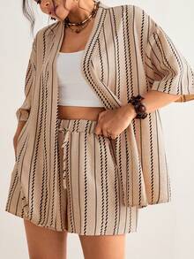 SHEIN VCAY Women's Plus Size Summer Beige Striped 2 Pieces Set,Boho Beach Holiday Cardigan Jacket&Drawstring Shorts,Loose Vacation Style Casual Outfits Suit - Khaki - View 7