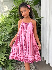 Girls' Pink Floral Print Spaghetti Strap Ruffle Hem Casual Vacation Dress - Pink - View 1