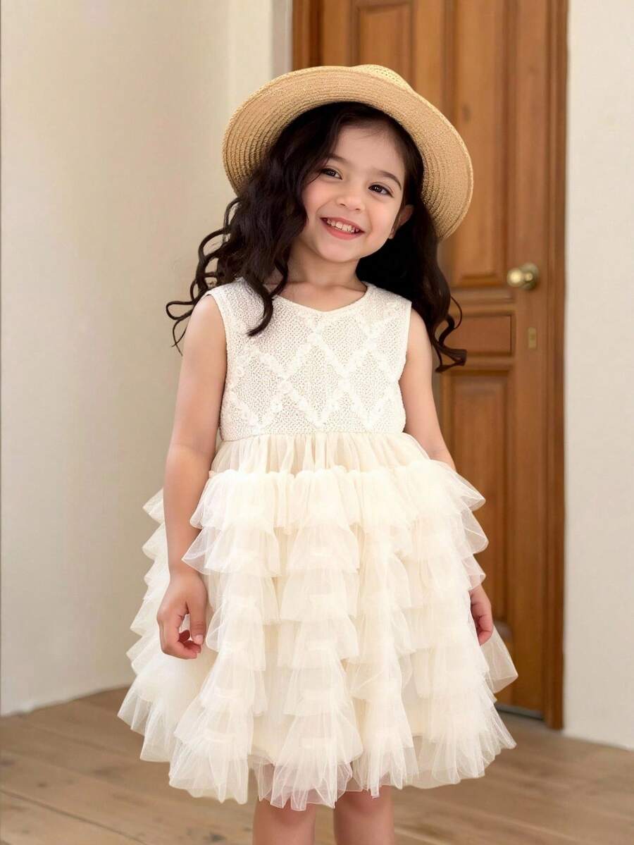Genkimix Kids 无袖玫瑰刺绣网纱蓬蓬裙，时尚优雅，适合派对和聚会，适合年轻女孩。无袖派对连衣裙，蛋糕网纱女童连衣裙，可爱荷叶边连衣裙，儿童奶油色连衣裙，象牙色连衣裙。 - 米色 - 查看 1