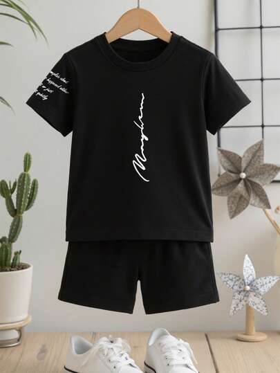 1 Set Boys' Letter Print Black Round Neck Short Sleeve T-Shirt And Shorts, Casual Minimalist Street Style Outfit Suitable For Outdoor Sports, Daily Wear, Spring, Summer, Autumn, Winter, Comfortable Home And Skateboard Outfit Boys Tshirt And Shorts Set Black 2 Piece Set For Boys