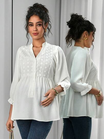 Momance Solid Color Embroidered Notch Neck Button Front Casual Nursing Top