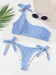 Swim Vcay Summer Beach Striped One Shoulder Tie Side Bikini Set - Blue - View 6