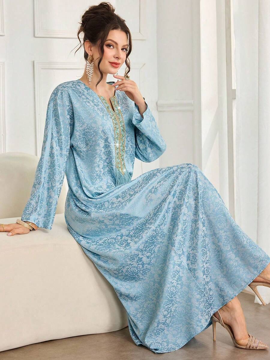 Al Najma 女士翻领流苏装饰花卉刺绣优雅长袖土耳其和阿拉伯传统长裙 - 藍色 - 查看 1