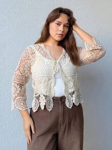 Nezia Cruz Plus Size Solid Color Front Tie Long Sleeve Vacation Knit Hollow Cardigan Winter Fall Autumn - Beige - View 1
