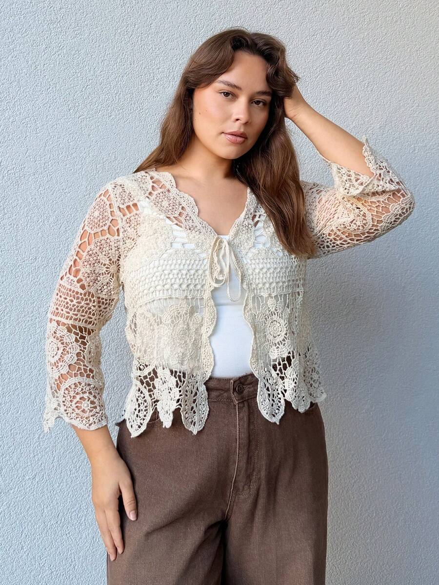 Nezia Cruz Plus Size Solid Color Front Tie Long Sleeve Vacation Knit Hollow Cardigan Winter Fall Autumn - Beige - View 1