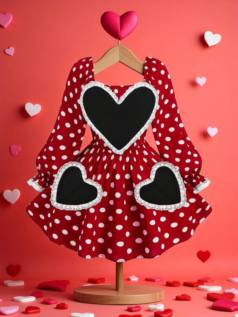 Sweetra Robes courtes mignonnes et douces avec bordure en dentelle en forme de cœur, tailles plus - Rouge - Voir 1