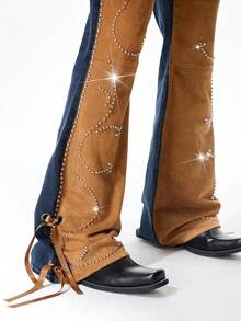 ROMWE MEN Street Life 男士时尚休闲拼接铆钉牛仔喇叭裤 - 藍色 - 查看 6