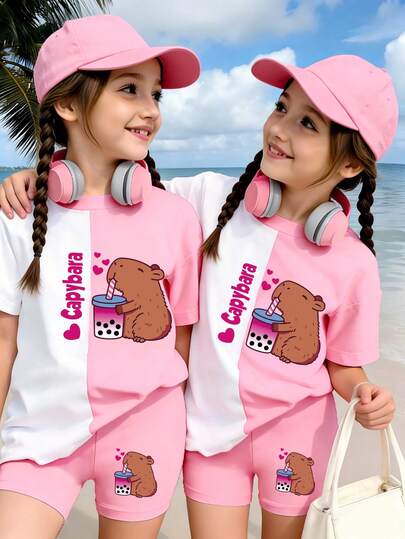 Young Girl Casual Fashion Creative Cartoon Cute Blue Bubble Tea Cup Graphic Colorblock Short Sleeve T-Shirt And Bike Shorts Set Beach Wear For Kids Beach Clothes For Kids Kid Beach Wear Kids Beach Clothes Capybara Clothes For Girls Girls Capybara Shirt Set Kids Capybara Clothes Capybara Shirt And Shorts Set Kids Beach Wear
