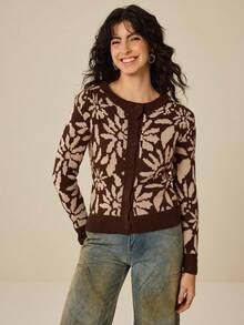 Felipe Marques Women's Floral Print Cardigan Sweater, Long Sleeve Open Front Casual Jacket For Autumn/Winter, Suitable For Vacation, Party, Evening Event - Brown - View 6