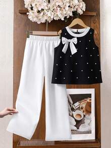 2pcs Set Fashionable Casual Versatile Bowknot & Pearl Sleeveless Top & Pants, Suitable For Spring/Summer - White - View 6