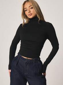 MISSGUIDED Backless High Neck Long Sleeve Ribbed Knit Top With Cut Out Detail For Fall Winter Layering - Black - View 2