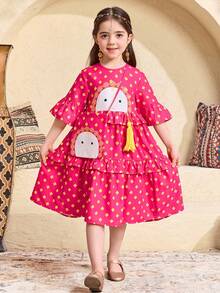 SHEIN Vestido de princesa con cuello redondo, volantes en el bajo y bolso, con estampado de dibujos animados lindo para niña, adecuado para primavera/verano, uso diario, festivales, reuniones familiares y ocasiones especiales - Rosa Fucsia - Ver 6