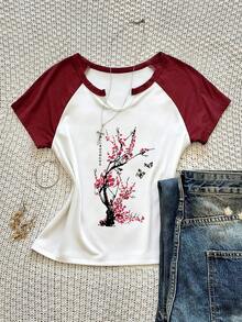 INAWLY Áo thun nữ cổ chữ U tay ngắn raglan, màu đỏ, bán chạy nhất mùa xuân hè, họa tiết hoa mai. - trắng - Xem 3