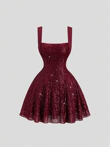 Sweetra 时尚美式性感亮片露背蝴蝶结设计性感连衣裙，A字腰线修身春夏女装 - 酒紅色 - 查看 2